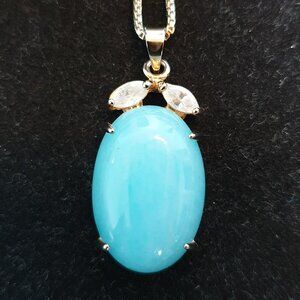 18K Gold Plated Amazonite Cabochon White Crystal Pendant 925 Silver Necklace